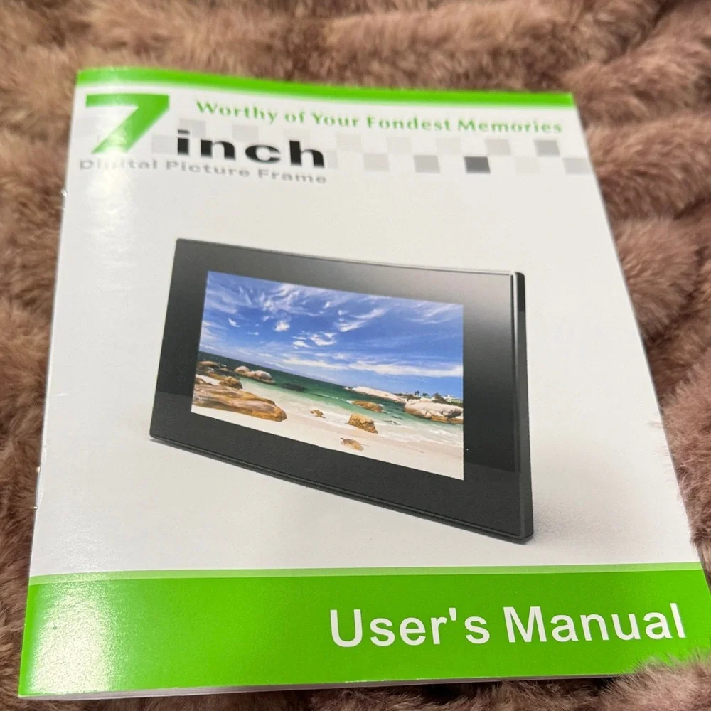 New digital 7” full function black acrylic photo frame with stand -Easy to use.
